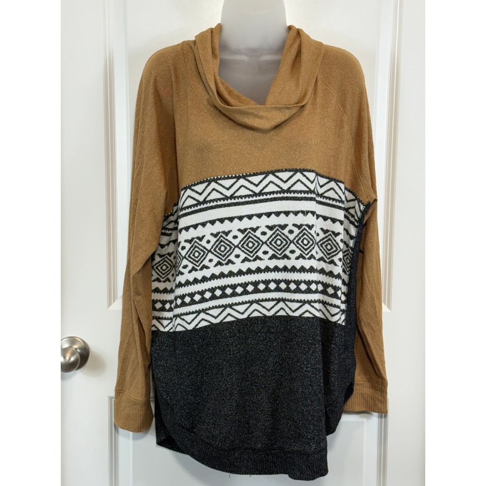 Maurices Cowl Neck Tunic Sweater XL Tan Black White Geometric Colorblock Knit